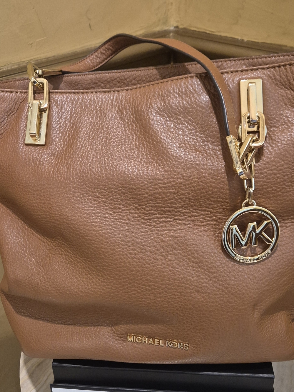 Michael Kors Cognac Pebbled Leather Shoulder Tote with Gold MK Charm